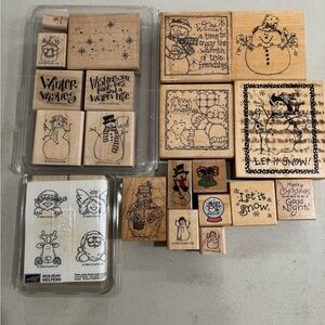 Wooden Rubber Stamp Set with Christmas theme used/unused